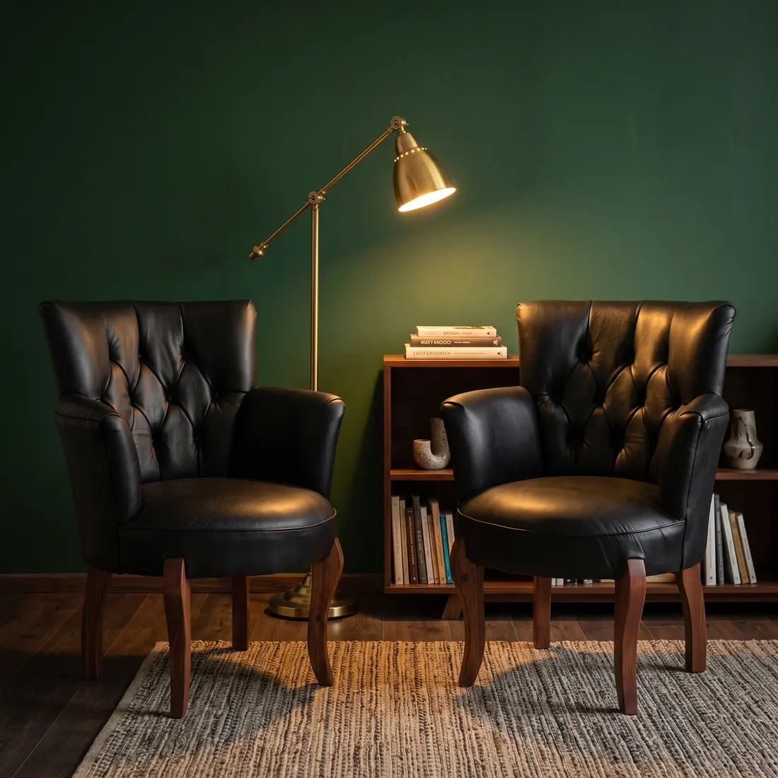Dos sillones Boston capitonados en negro, junto a una lámpara de lectura y un librero, sobre un muro verde