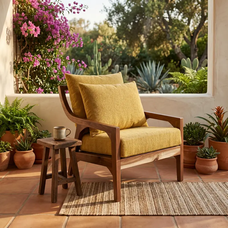 Sillón Palermo de parota en una terraza con jardín