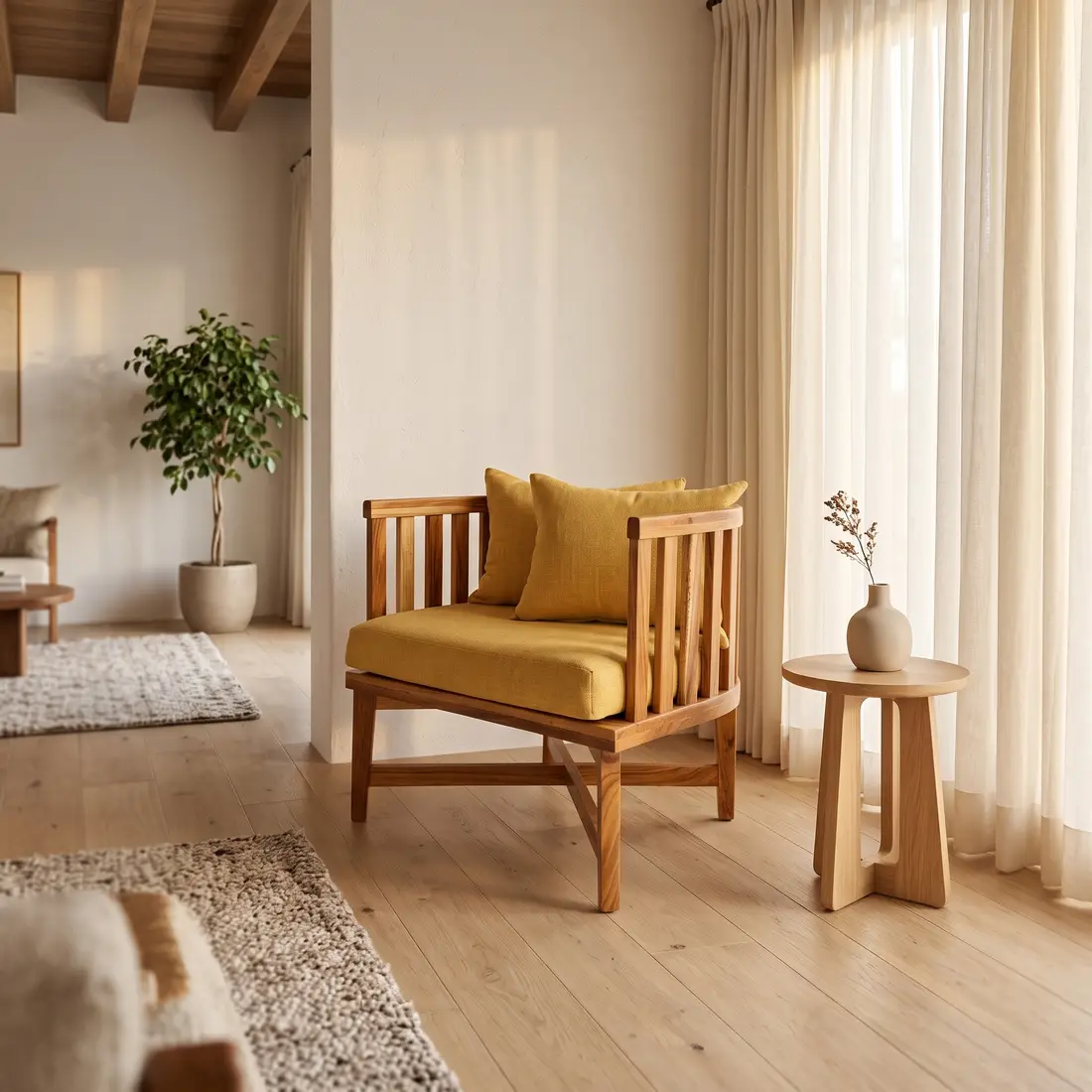 Sillón Benfica de parota con cojines mostaza junto a una ventana